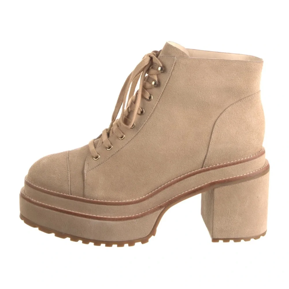 Cult Gaia Suede Platform Lace Up Ankle Combat Block Heel Leather Booties Tan